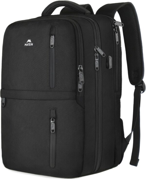 MATEIN Carry on Backpack, Flight Approved Travel Backpack with USB Port, TSA Personal Item Travel Bag fits 17" Laptop, Large Water Resistant Luggage Overnight Weekender Bag for Men & Women, Black - Image 2