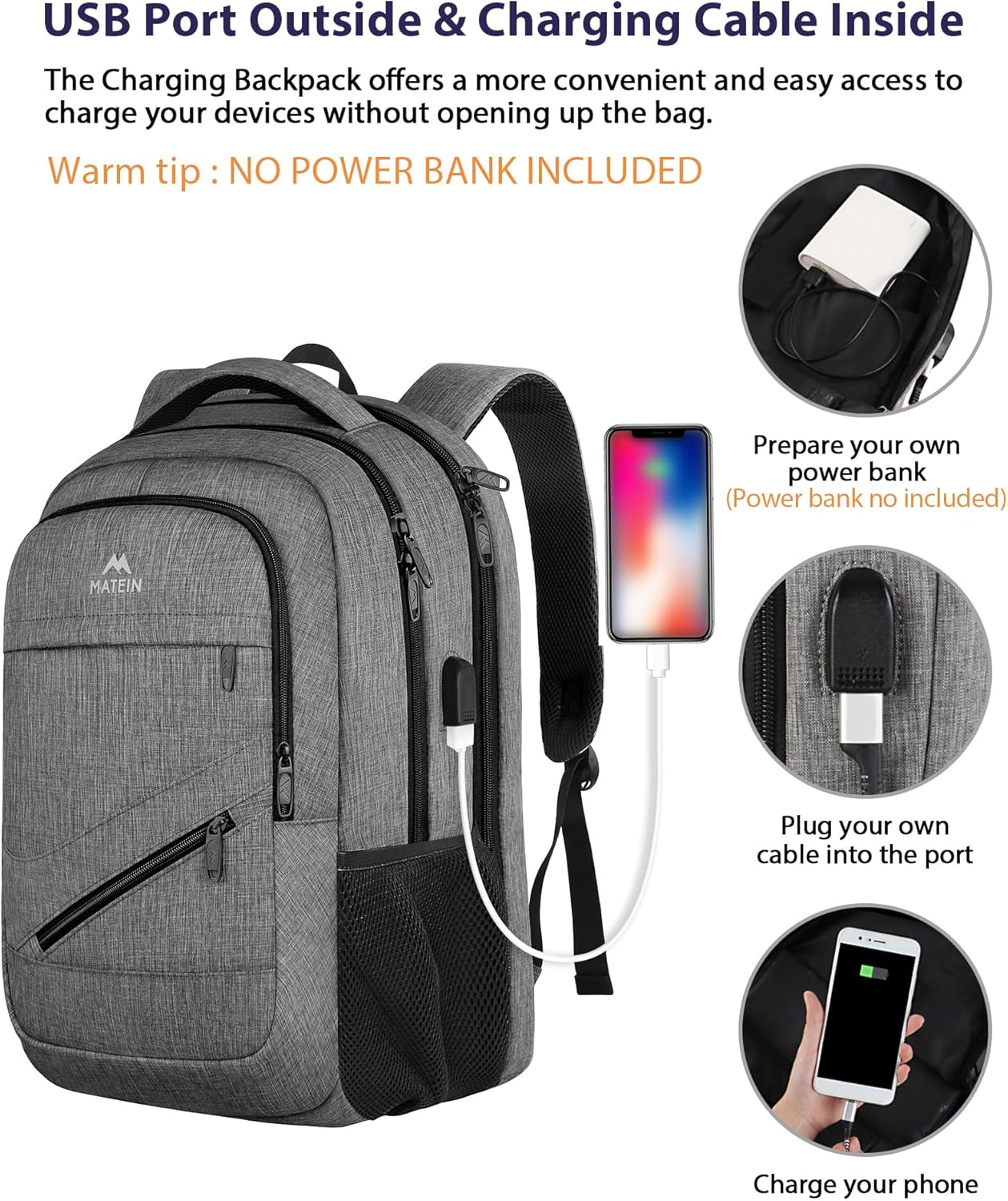 MATEIN Travel Laptop Backpack, 17 Inch Work TSA Approved Carry on Backpack, Large Computer Business Bag for Men Women with USB Port and Trolley Sleeve, College School Rucksack Book Bag, Grey - Image 5