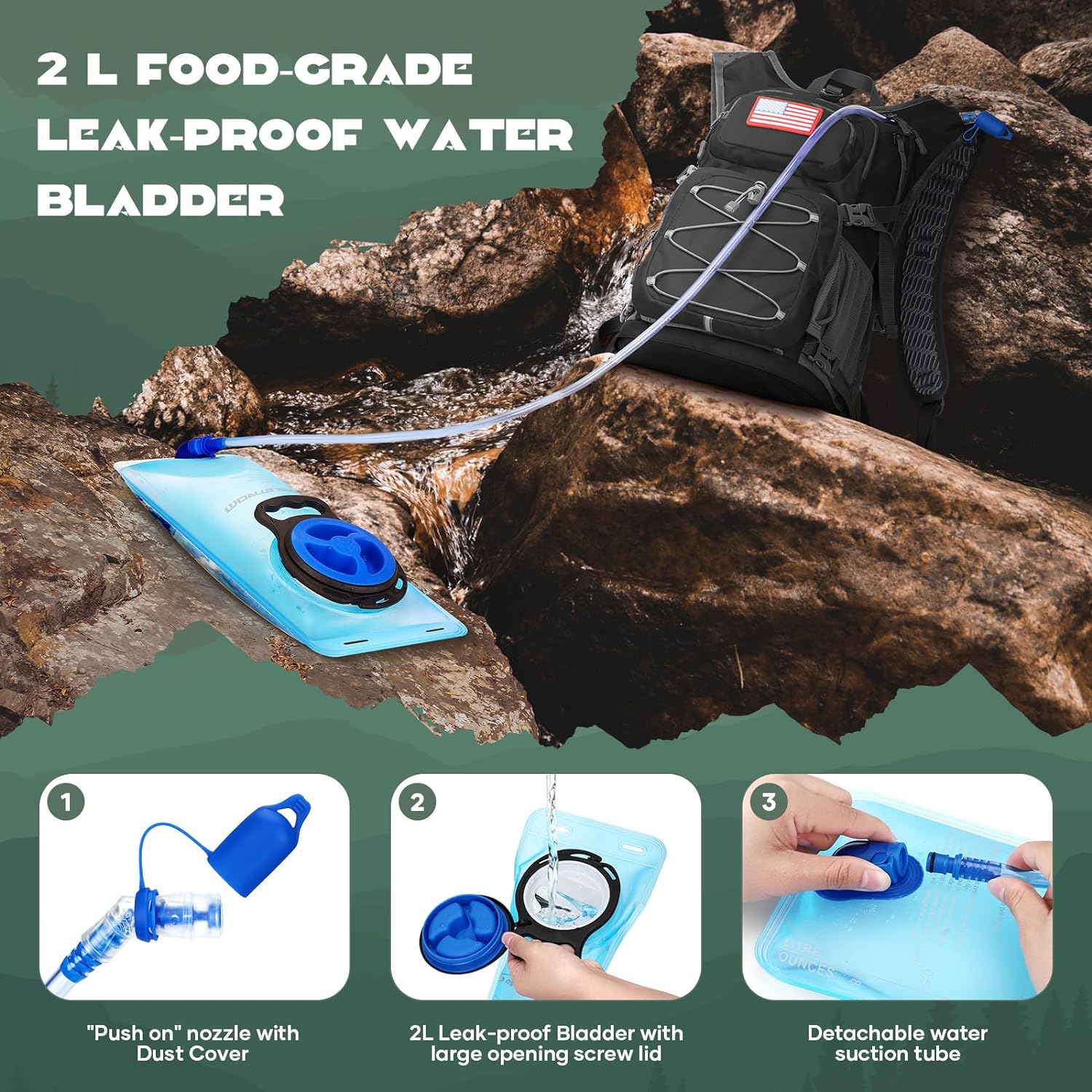Maelstrom Hydration Hiking Backpack with 2L/3L Water Bladder, High Flow Bite Valve Camping Daypack Lightweight - Image 5