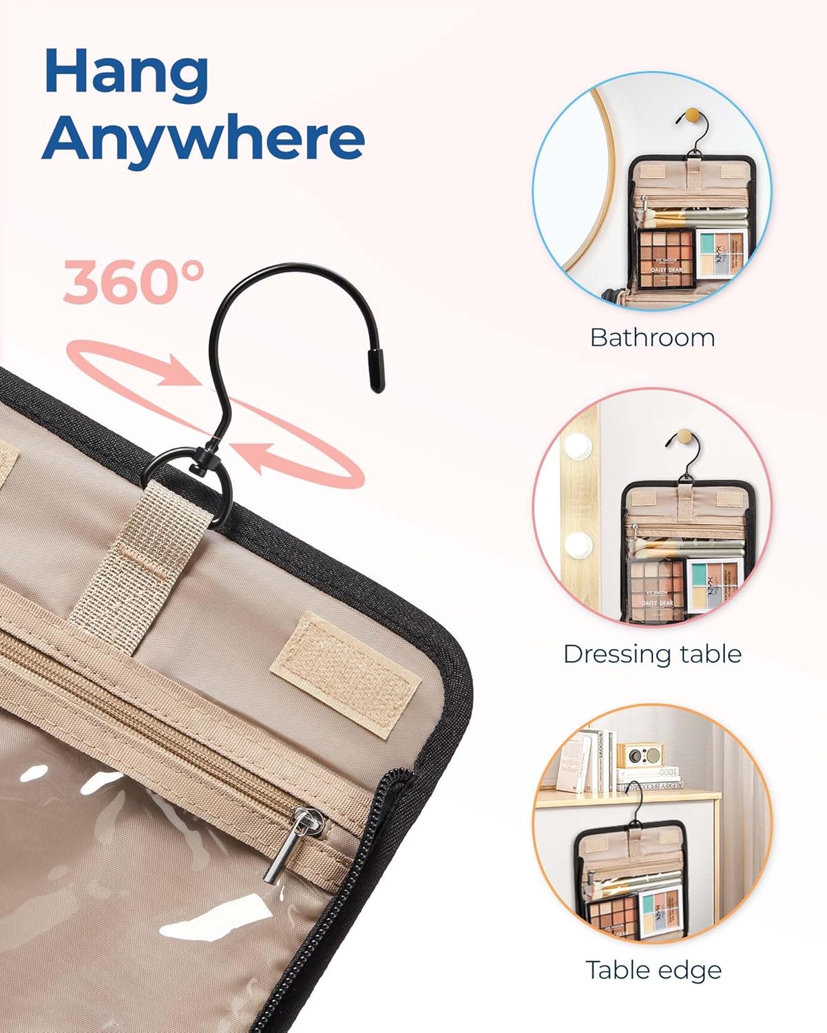 BAGSMART Makeup Bag for Women with Hanging Hook - Portable Cosmetic Case, Large Capacity Door Room Essentials Travel Organizer for Full Sized Cosmetics and Toiletries, Black - Image 7