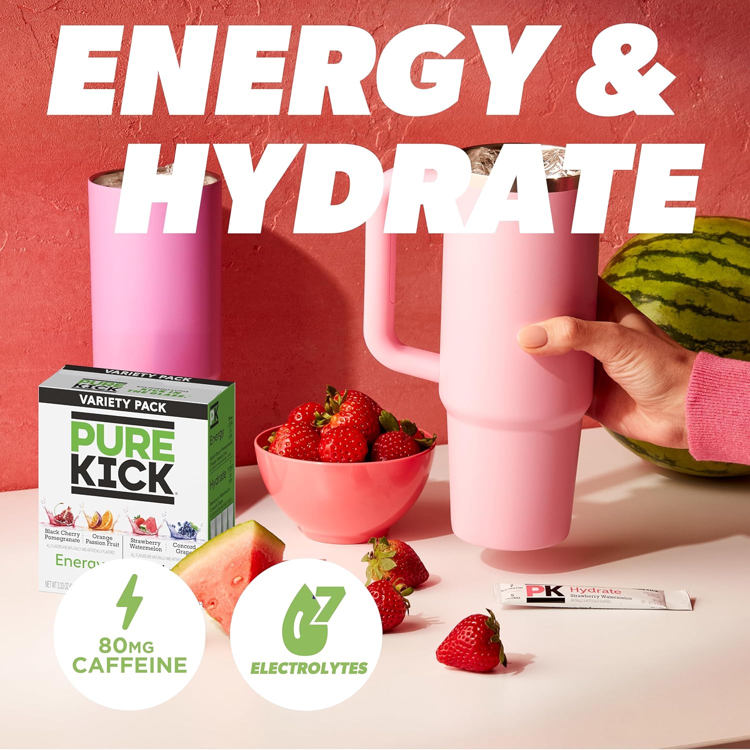 PURE KICK Energy and Hydrate Singles To Go Drink Mix Variety Pack, Black cherry Pomegranate, Orange Passion Fruit, Strawberry watermelon and Concord Grape, 40 Count (Pack - 1) - Image 4