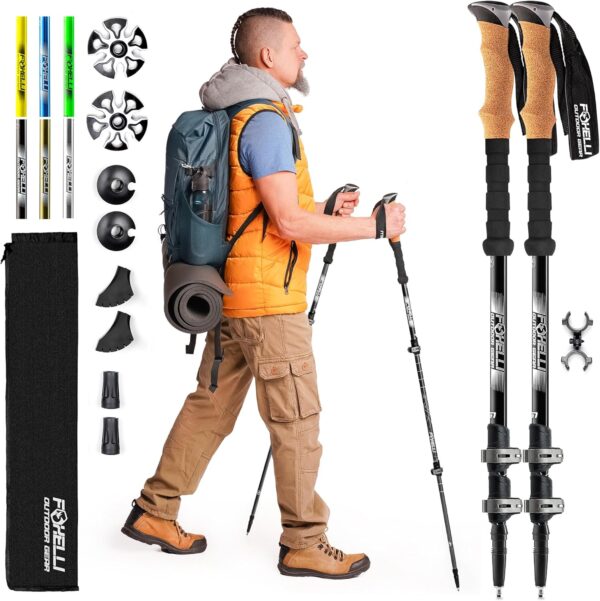 Foxelli Trekking Poles – Lightweight Collapsible Aircraft Grade Aluminum Hiking Poles with Cork Grips Quick Locks & All-Terrain Accessories – Pair of 2 - Image 2