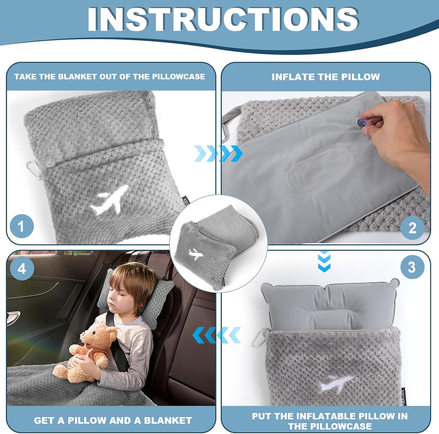 Travel Blanket Airplane Compact with Bag, Travel Essentials 3 in 1 Packable Airplane Blanket, Travel Pillow and Blanket Set, Inflatable Pillow, Luggage Sleeve & Backpack Clip (Light Grey) - Image 7