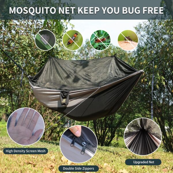 Camping Hammock with Net,Travel Portable Lightweight Hammocks with Tree Straps and Solid D-Shape Carabiners,Parachute Nylon Hammock for Outsides Backpacking Beach Backyard Patio Hiking - Image 3