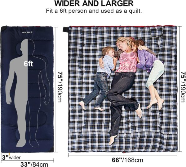 REDCAMP Cotton Flannel Sleeping Bag for Camping Backpacking, Adults Cold Weather Envelope Sleeping Bags with 2/3/4/6lbs Filling - Image 3