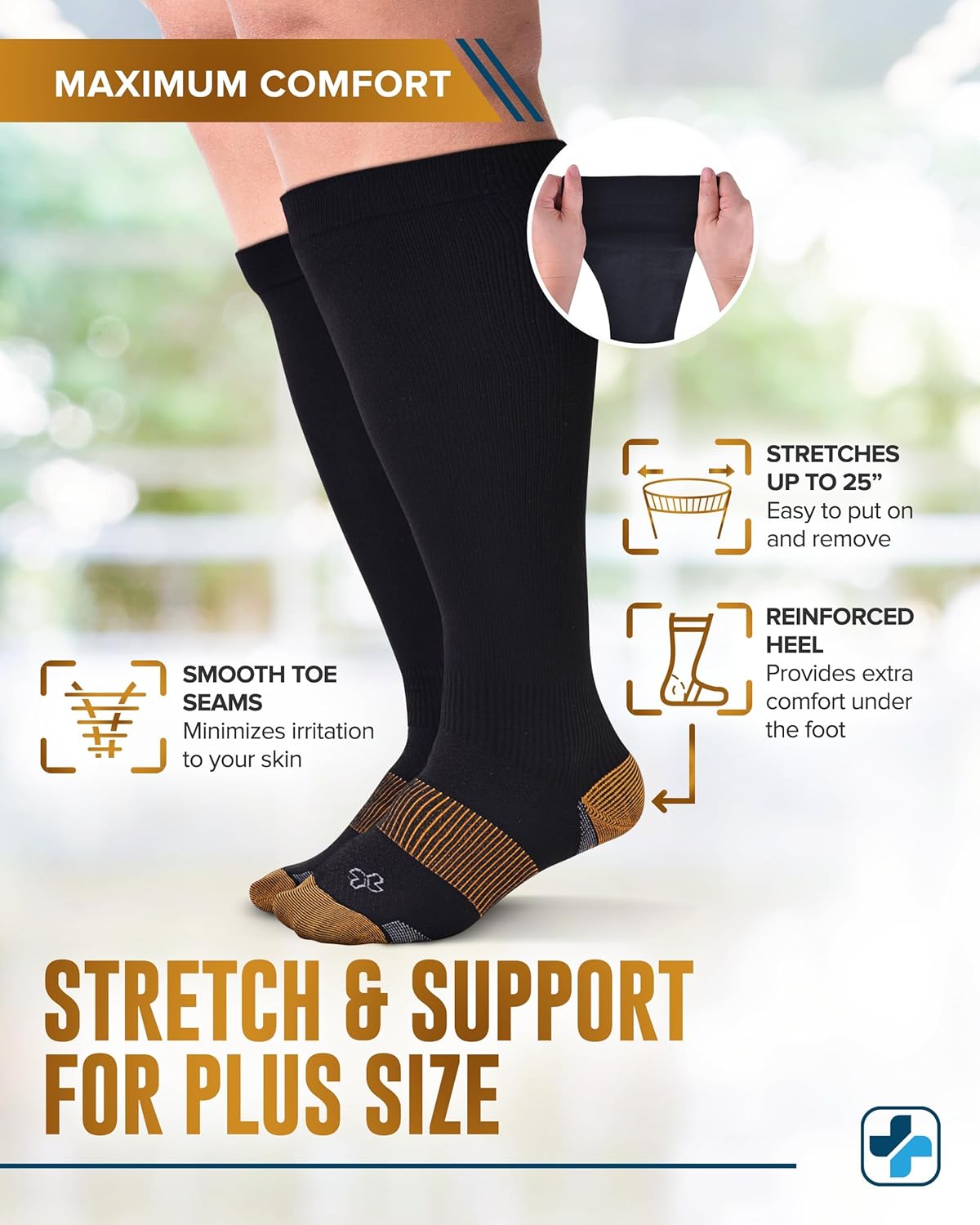 Doctor's Select Copper Plus Size Compression Socks Wide Calf - 2 Pairs | 20-30mmHg Extra Wide Calf Compression Socks Women Copper for Swelling, Varicose Veins | Black - Image 4