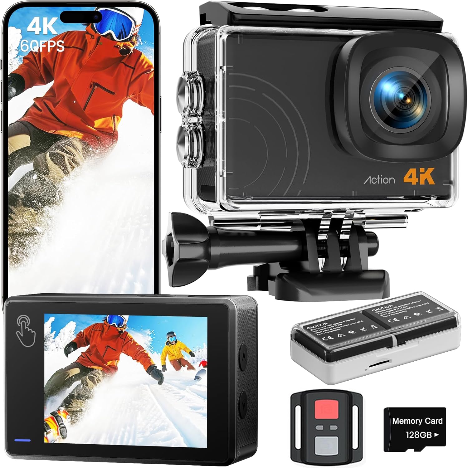 Action Camera 4K 60FPS 48MP, EIS Sports Camera with 128GB Card,131FT Underwater Waterproof Camera with Case, 2inch Touch Screen, 8X Zoom, Remote Control, Batteries & Mounting Kits - Image 2