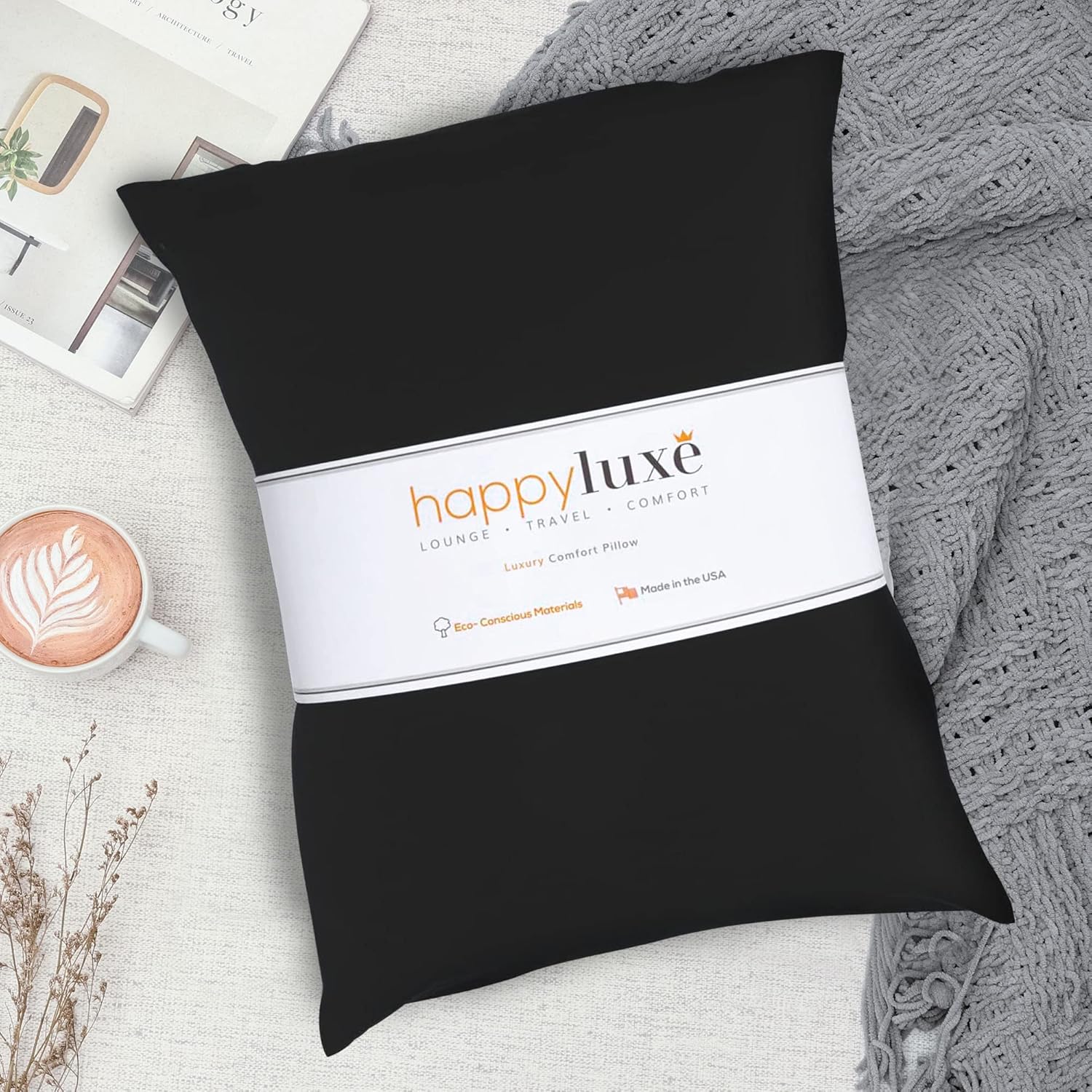 Happyluxe Odyssey Travel Pillow for Long Flights - Soft, Small, Alternative to Down and Memory Foam. 17 x 13in - Made in The USA, Jet Black Airplane Pillow for Adults Sleeping, Camping or Nap - Image 7