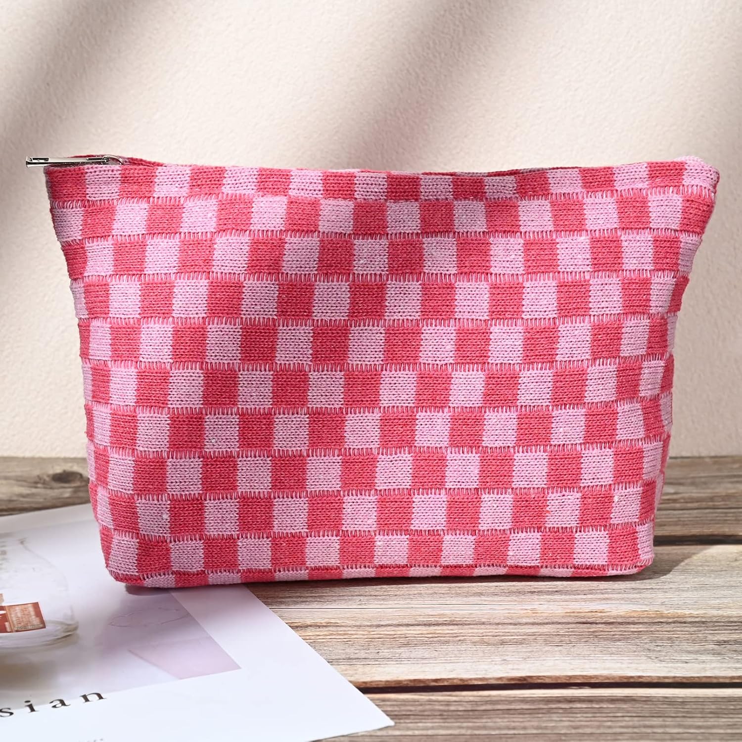 SOIDRAM 2 Pieces Makeup Bag Large Checkered Cosmetic Bag Capacity Canvas Mix Travel Toiletry Bag Organizer Cute Makeup Brushes Aesthetic Accessories Storage Bag for Women, Checkered Mix Rose Red - Image 7