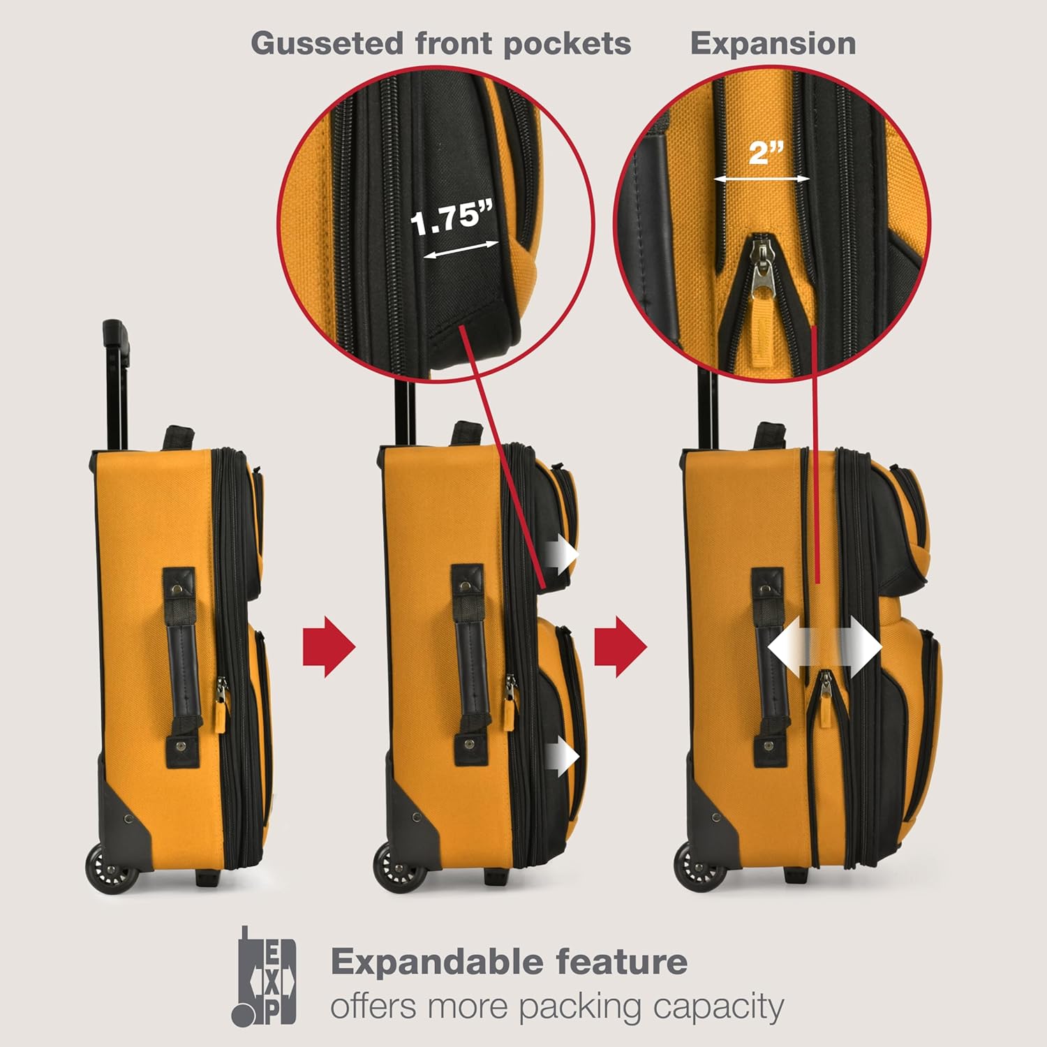 U.S. Traveler Rio Fabric Expandable Carry-on Luggage, Rolling Suitcase, Orange, 2 Wheel Set - Image 5