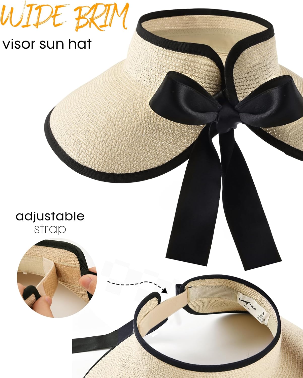 Camptrace Sun Visors for Women Wide Brim Beach Hat Foldable Straw Visor Hat Ponytail Summer Packable UPF 50+ - Image 6