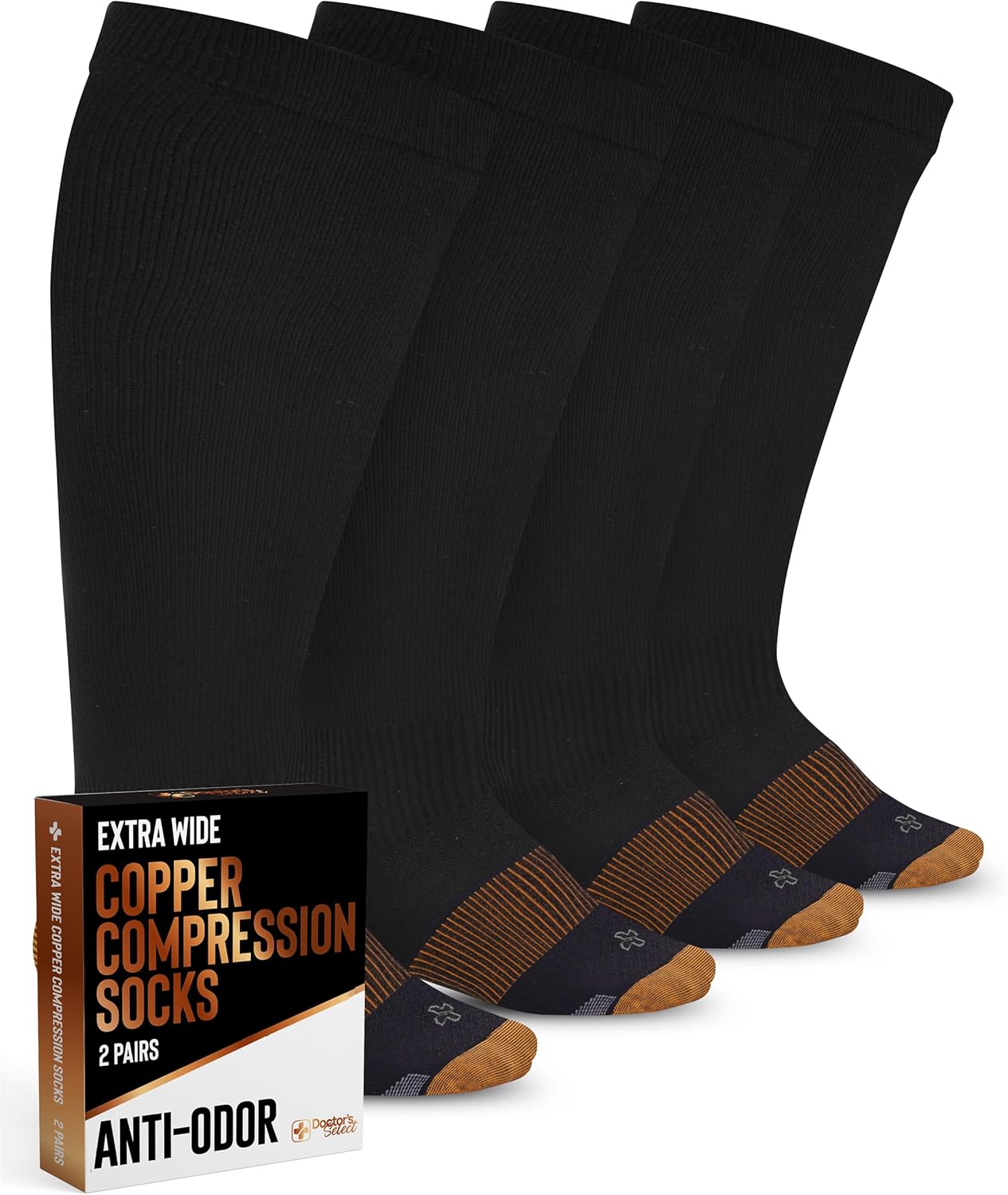 Doctor's Select Copper Plus Size Compression Socks Wide Calf - 2 Pairs | 20-30mmHg Extra Wide Calf Compression Socks Women Copper for Swelling, Varicose Veins | Black - Image 2