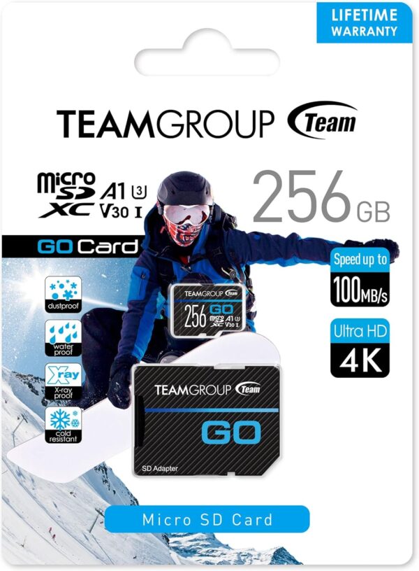 TEAMGROUP GO Card 256GB Micro SDXC UHS-I U3 V30 4K for GoPro & Action Cameras High Speed Flash Memory Card with Adapter for Outdoor, Sports, 4K Shooting TGUSDX256GU303 - Image 8
