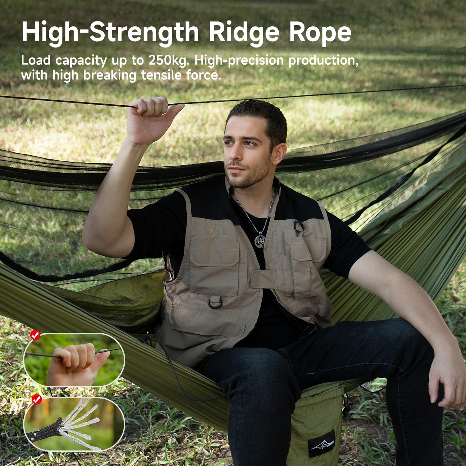 Camping Hammock with Mosquito Net and Ridge Rope, Extra Large for 2 Person, Lightweight Hanging Hammocks Tree Straps, All-in-one Fast Open Hammock for Outside, Hiking, and Travel - Image 4