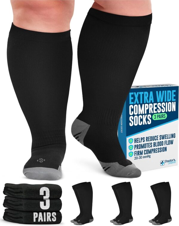 Doctor's Select 3 Pairs Plus Size Compression Socks Wide Calf - Up to 6XL | 20-30 mmHg Extra Wide Calf Compression Socks Women | Black - Image 2