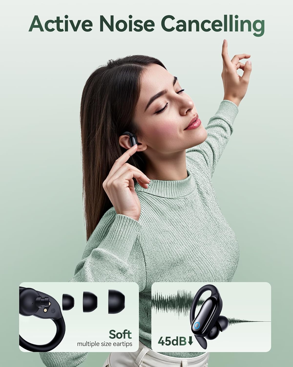 Active Noise Canceling Ear Buds Wireless Earbuds 96hrs Playback Bluetooth Headphones IPX7 Waterproof Stereo Bass Over-Ear Earphones with Earhooks Microphone LED Battery Display for Sports Workout - Image 3