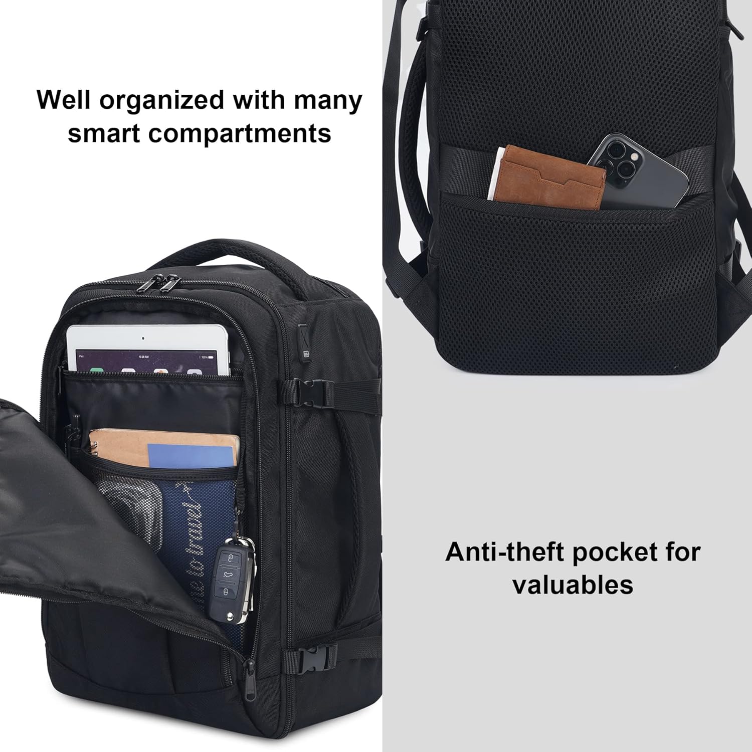 ECOHUB Travel Backpack 18x14x8 Spirit Airlines Personal Item Bag Carry On Backpack 13 Pockets Work Casual Daypack for Men Women Airline Approved Water Resistant Gym Backpack with Charging Port, Black - Image 6