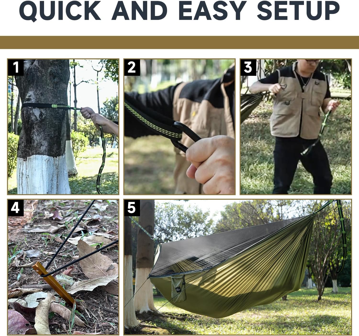 Camping Hammock with Mosquito Net and Ridge Rope, Extra Large for 2 Person, Lightweight Hanging Hammocks Tree Straps, All-in-one Fast Open Hammock for Outside, Hiking, and Travel - Image 6