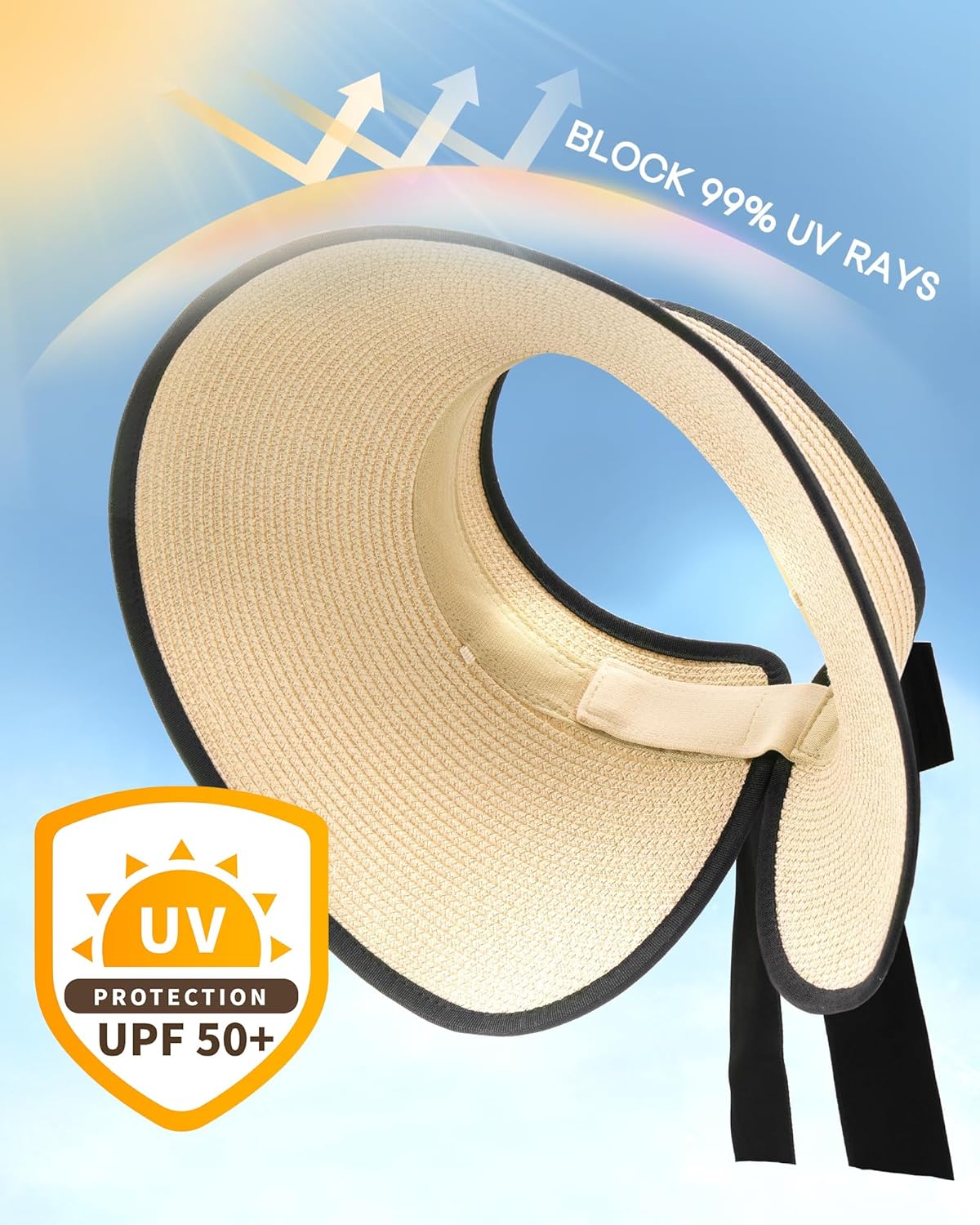 Camptrace Sun Visors for Women Wide Brim Beach Hat Foldable Straw Visor Hat Ponytail Summer Packable UPF 50+ - Image 3