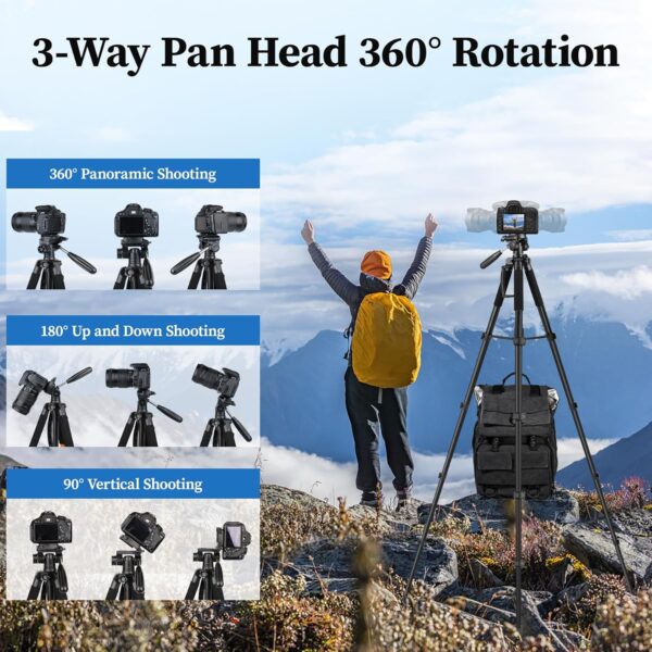 JOILCAN Tripod Camera Tripods, 74" Tripod for Camera Phone Video Recording, Heavy Duty Cameras Tripod Stand, Professional Travel DSLR Tripods Compatible with Canon iPhone, Max Load 15 LB - Image 6