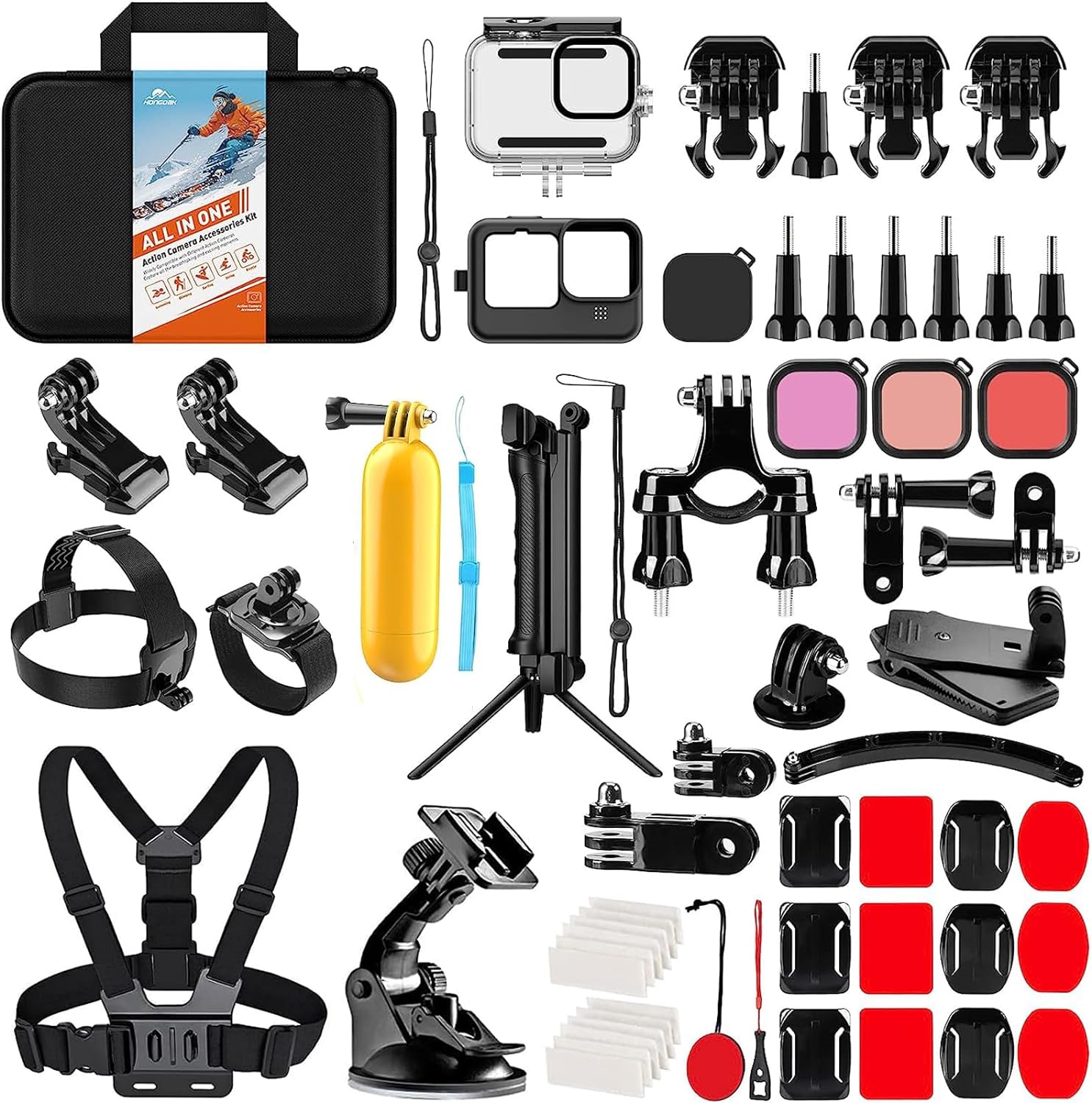 HONGDAK Action Camera Accessories Kit for GoPro Hero 13 12 11 10 9 Black, Waterproof Housing+Silicone Case+ Adjustable Arm+Head Chest Wrist Strap+Bike Mount+Suction Cup+Floating Grip Bundle Set 63in1 - Image 2
