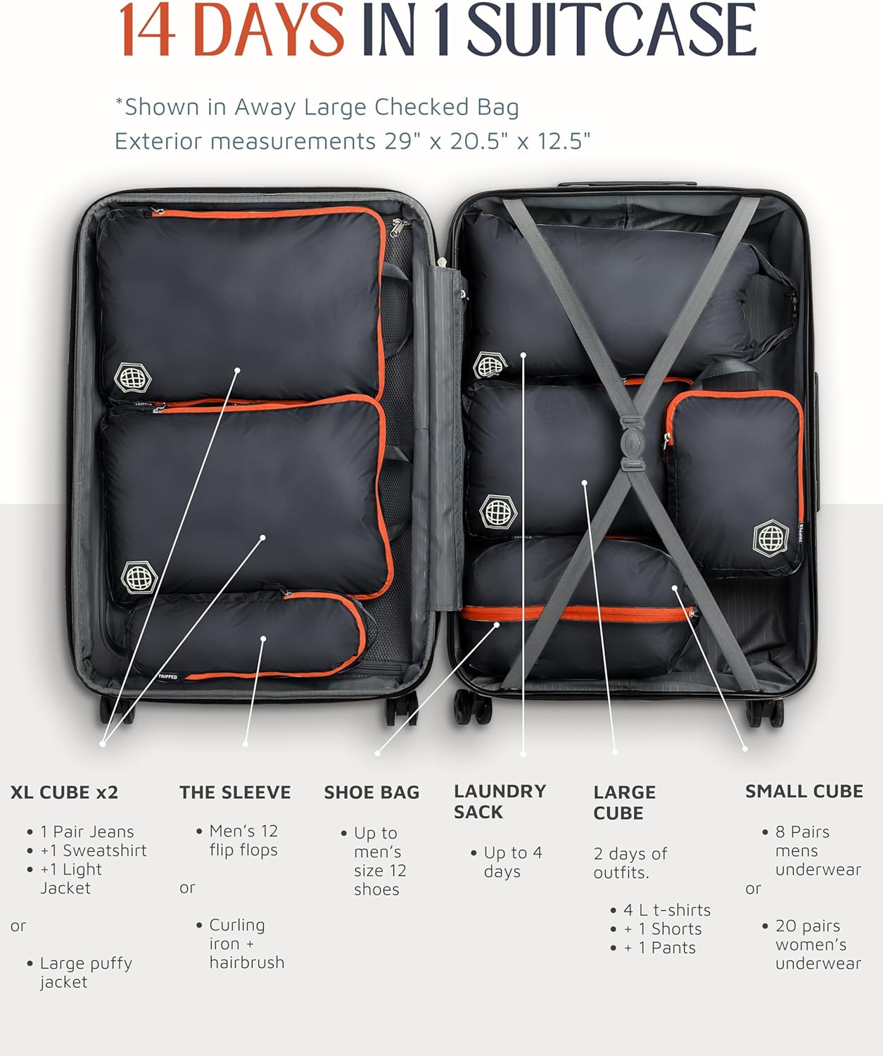 Large Compression Packing Cubes for Travel-Packing Cube Luggage Organizers 7 Piece Set for Checked Luggage-Ultralight, Expandable/Compression Bags by TRIPPED Travel Gear (Grey/Orange) - Image 4