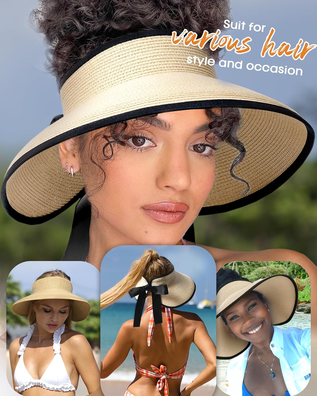 Camptrace Sun Visors for Women Wide Brim Beach Hat Foldable Straw Visor Hat Ponytail Summer Packable UPF 50+ - Image 4