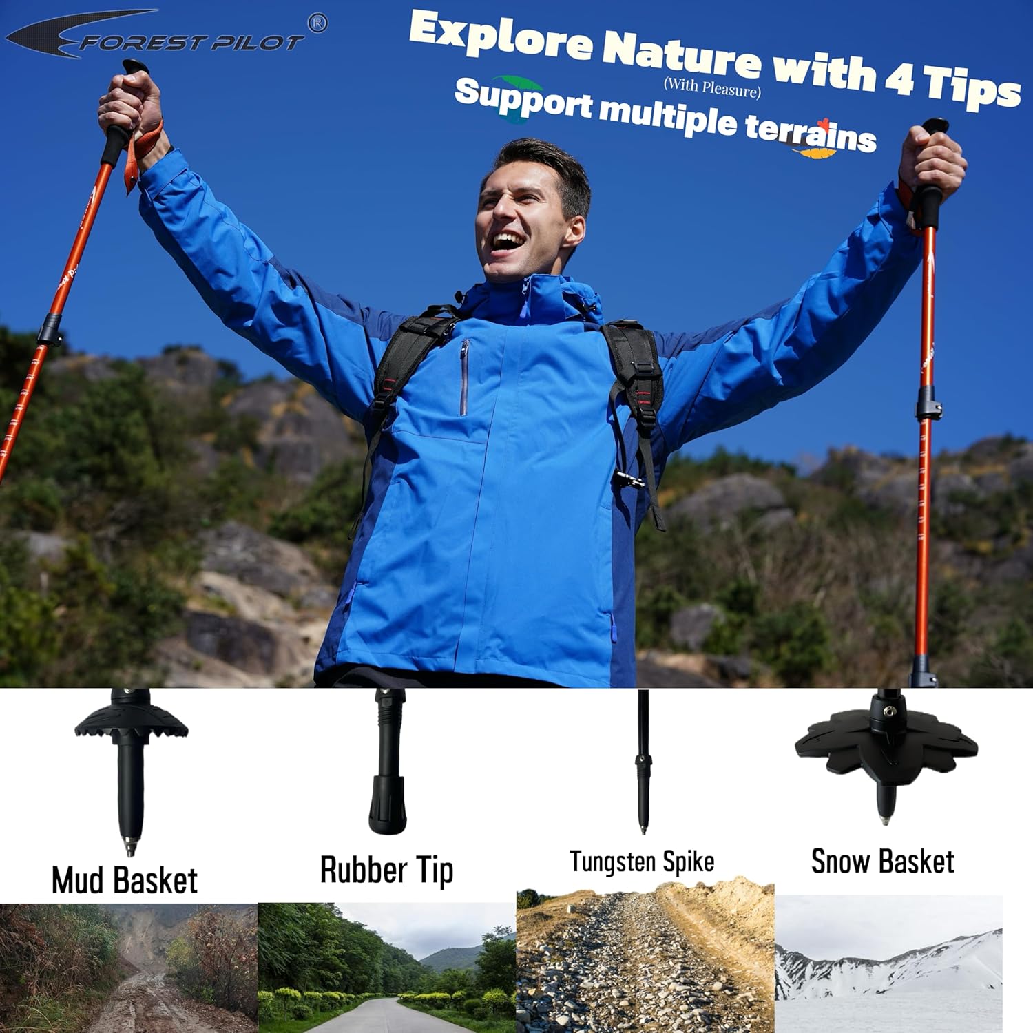 Trekking Poles - Lightweight 7075 Aluminum with Flip Lock & All Terrain Accessories - Pair of 2 Walking Sticks for Hiking with EVA or Beech Wood Grip - Image 6