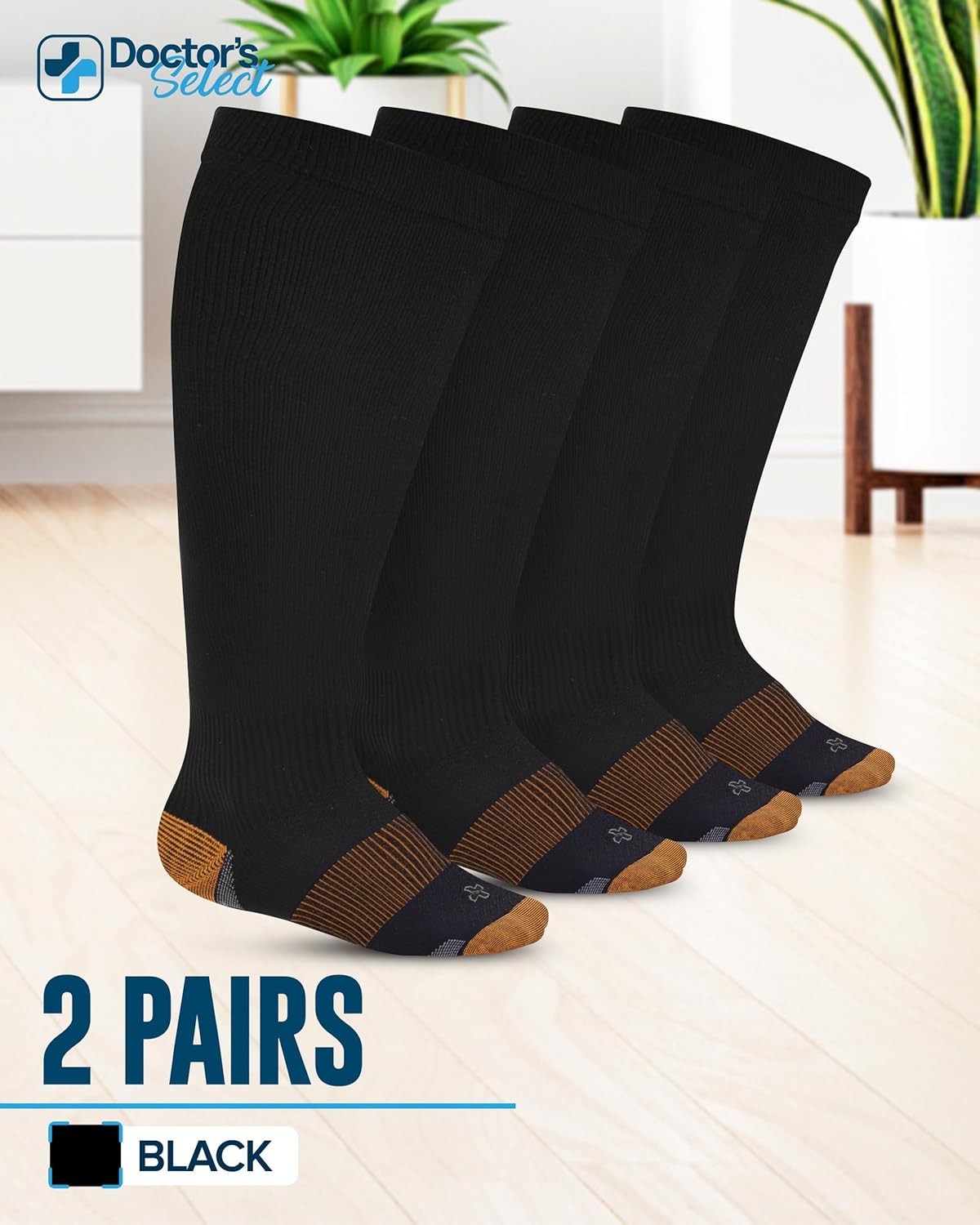 Doctor's Select Copper Plus Size Compression Socks Wide Calf - 2 Pairs | 20-30mmHg Extra Wide Calf Compression Socks Women Copper for Swelling, Varicose Veins | Black - Image 6