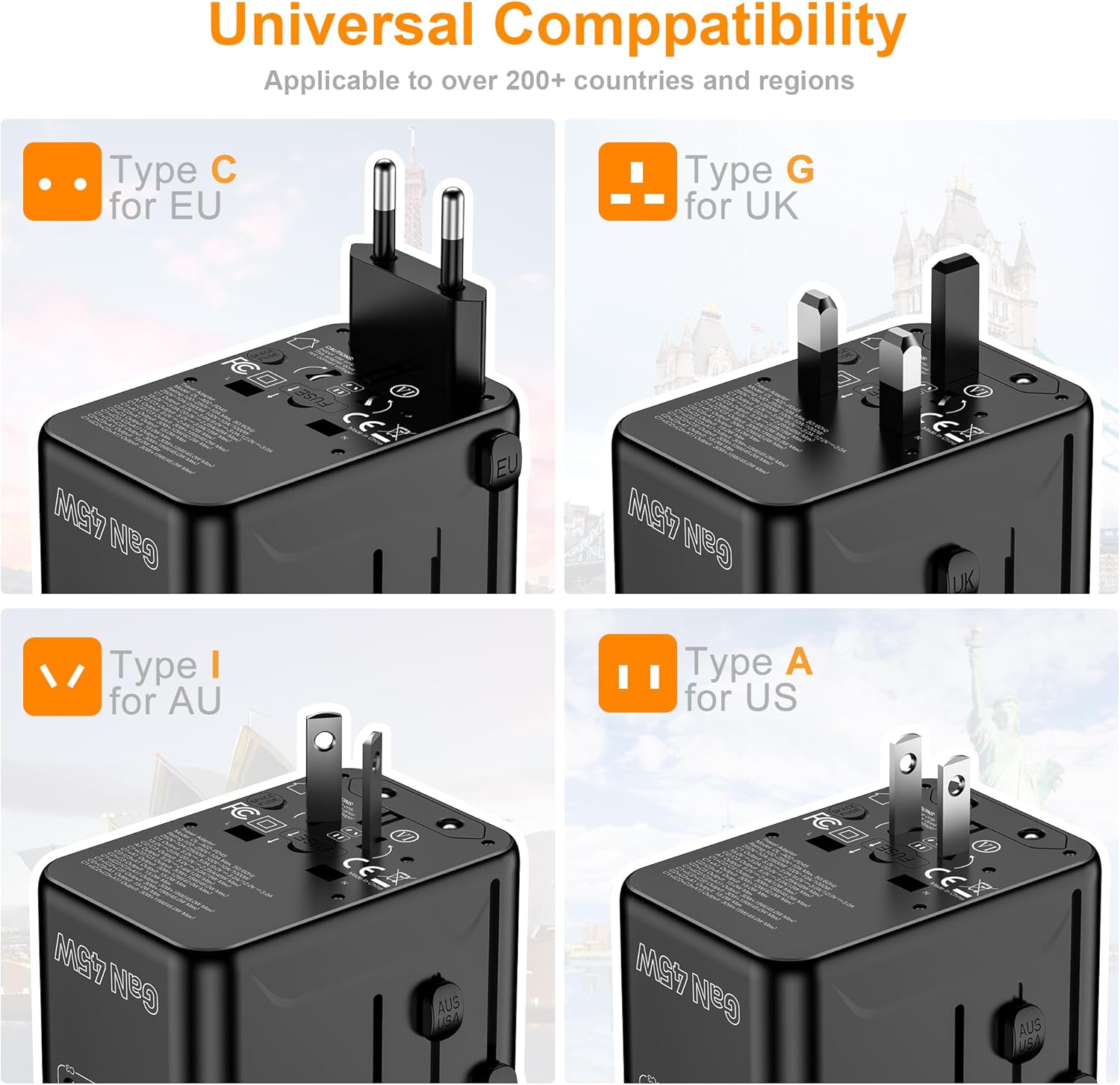 Universal Travel Adapter, VYLEE 45W International Plug Adapter with PD Fast Charging, 5-Port (1 AC/1 USB-A/3 USB-C), Wall Charger Worldwide Travel Essentials Plug for USA EU UK AUS Japan (Black) - Image 5