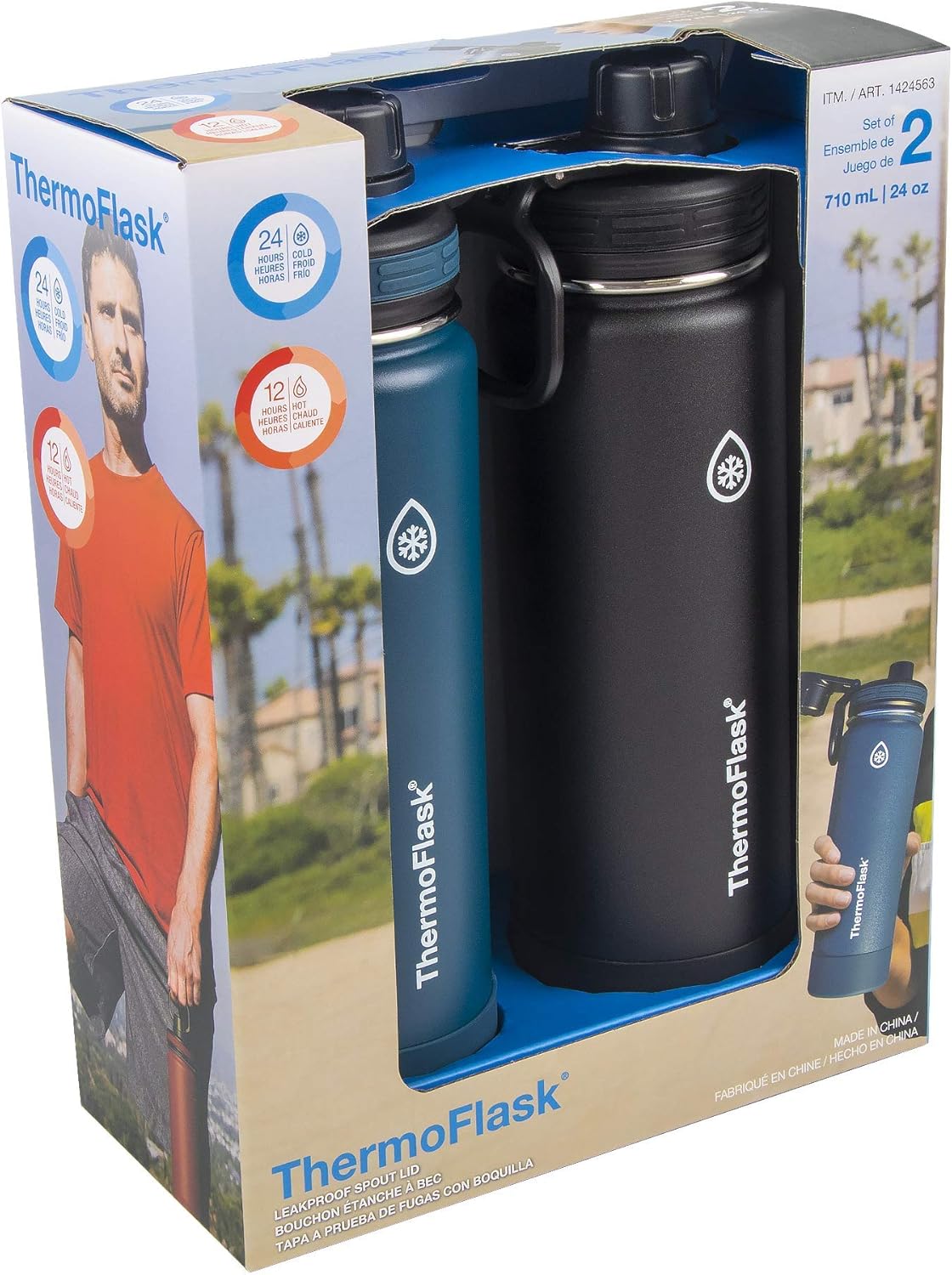 ThermoFlask Bottle with Spout Lid - Stainless Steel Water Bottles with Double-Wall Insulation & BPA-Free Spout Lids - Leak-Proof Reusable Bottles & Lids - 24 oz, Mayan Blue/Black (2 Pack) - Image 3