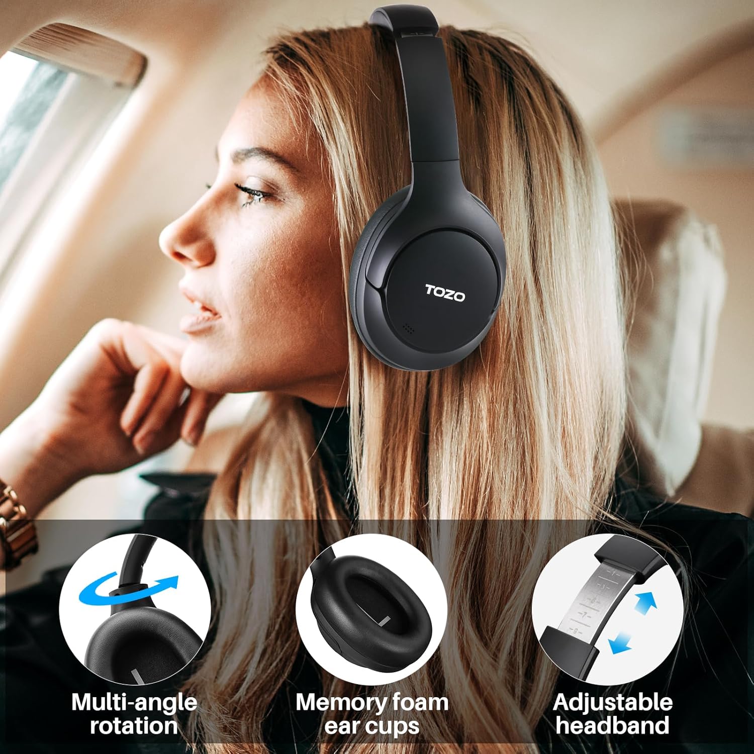 TOZO HT2 Hybrid Active Noise Cancelling Headphones, Wireless Over Ear Bluetooth Headset, 60H Playtime, Hi-Res Audio Custom EQ via App Deep Bass Comfort Fit Ear Cups, for Home Office Travel Black - Image 9