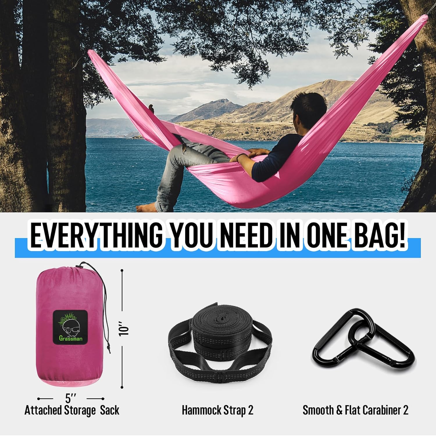 Grassman Camping Hammock Double & Single Portable Hammock with Tree Straps, Lightweight Nylon Parachute Hammocks Camping Accessories Gear for Indoor Outdoor Backpacking, Travel, Hiking, Beach - Image 4