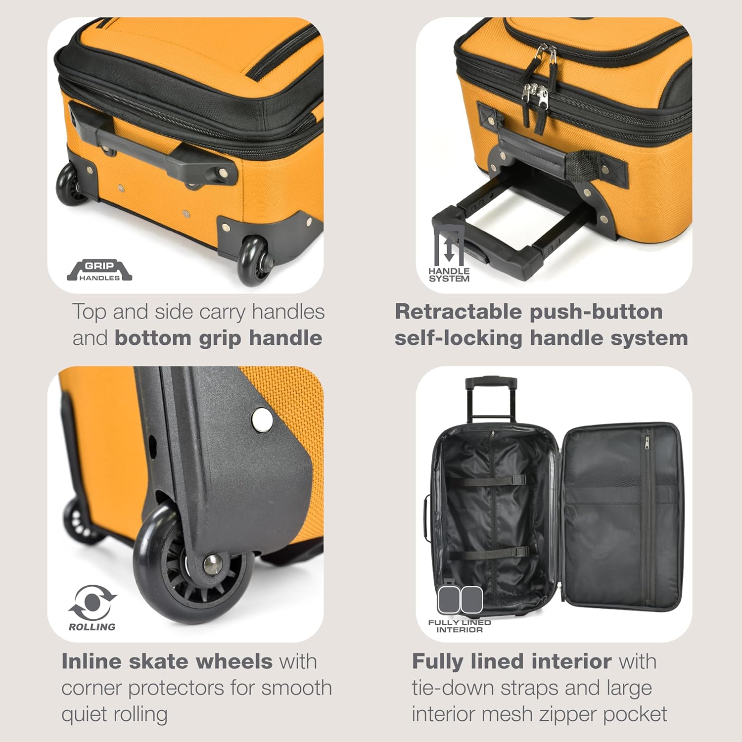 U.S. Traveler Rio Fabric Expandable Carry-on Luggage, Rolling Suitcase, Orange, 2 Wheel Set - Image 4