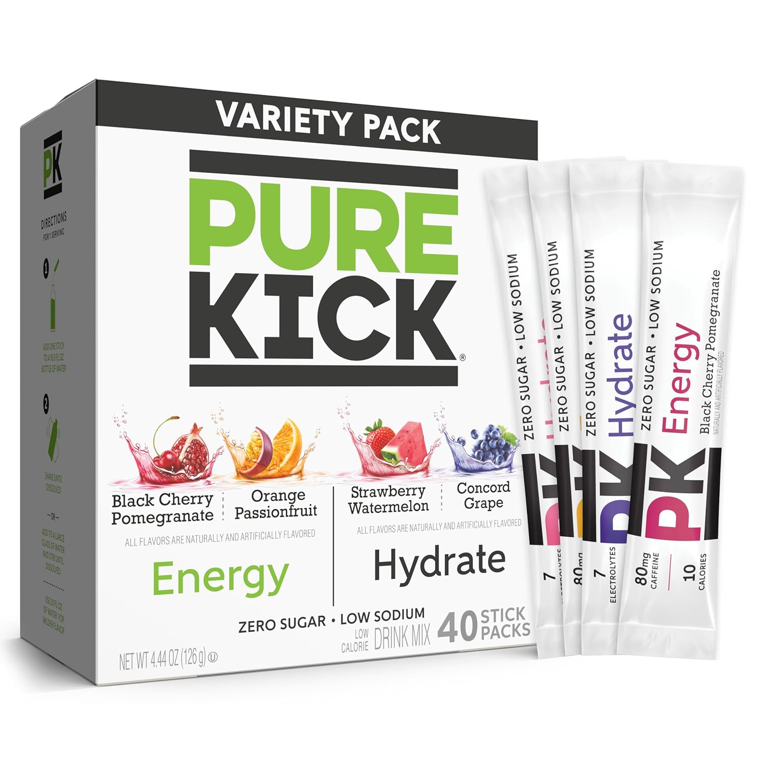PURE KICK Energy and Hydrate Singles To Go Drink Mix Variety Pack, Black cherry Pomegranate, Orange Passion Fruit, Strawberry watermelon and Concord Grape, 40 Count (Pack - 1) - Image 2