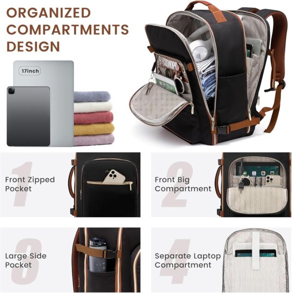 LOVEVOOK 40L Large Travel Backpack for Women Men, 17 Inch Carry on Backpack for Traveling on Airplane, Personal Item Bag Airline Approved, Business Causal Weekender Backpack, Black-Brown - Image 3