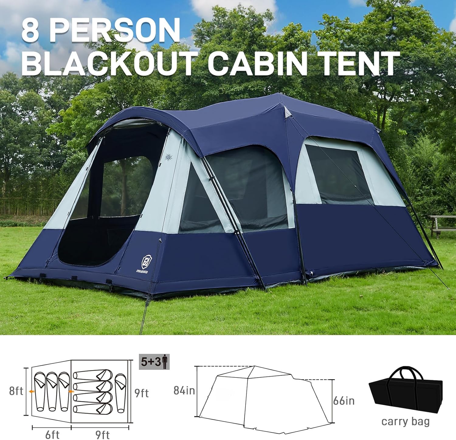 EVER ADVANCED 10 Person Camping Blackout Design Tent, Multi Room Tent for Family, Large Tents with Rainfly and Carry Bag, 2 Doors, Water-Resistant, 14ft x 10ft x 84in - Image 7