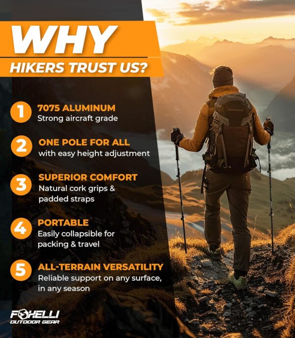 Foxelli Trekking Poles – Lightweight Collapsible Aircraft Grade Aluminum Hiking Poles with Cork Grips Quick Locks & All-Terrain Accessories – Pair of 2 - Image 3