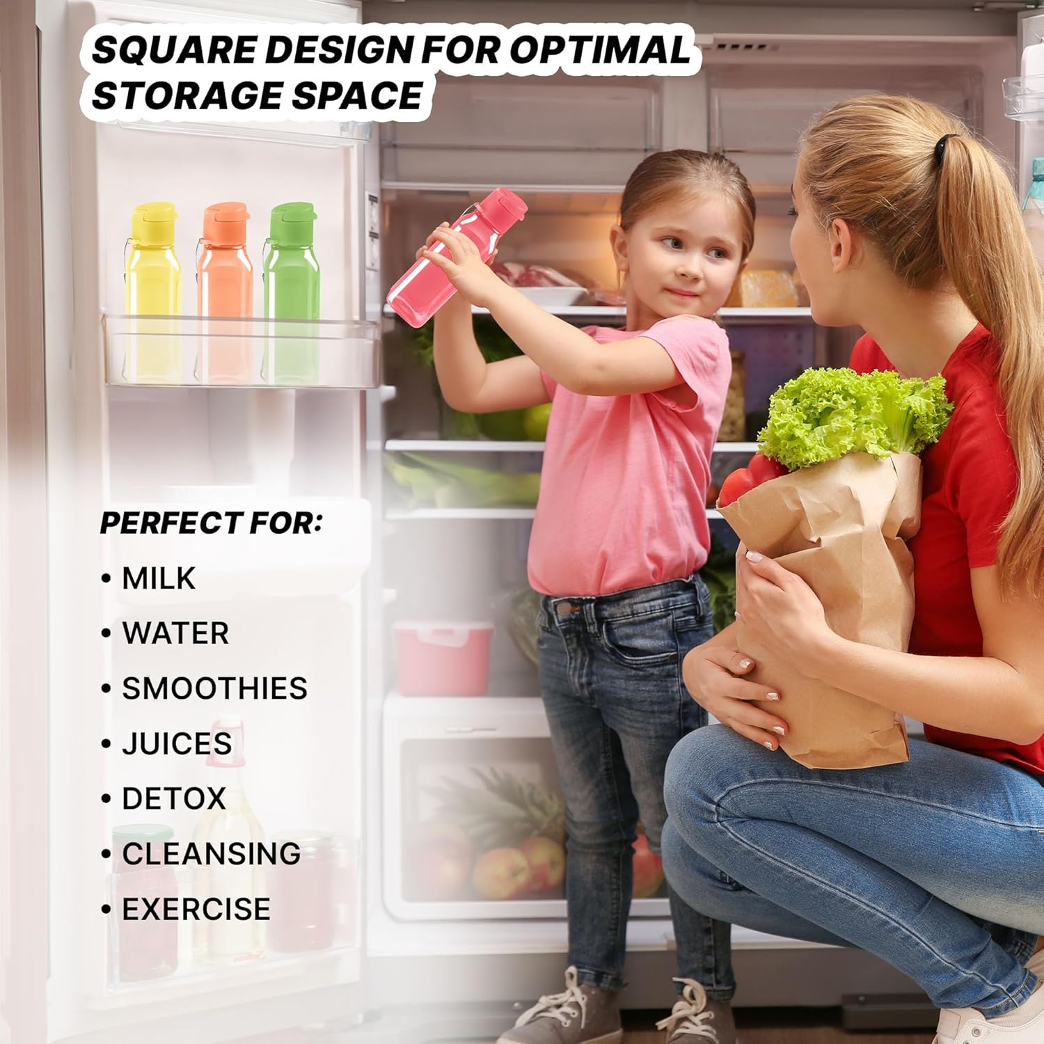 Bulk Set of 16 Multicolor 10oz Water Bottles for Kids and Adults - Leak Proof With Carry Strap - Square Reusable for Juice, Drinks - BPA-Free Dishwasher-Safe - Image 3