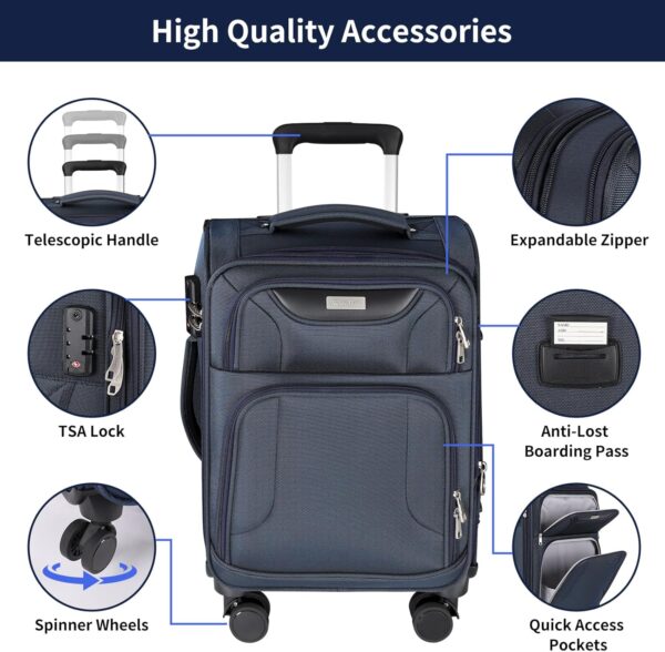3-Piece Softside Expandable Luggage Set with Front Open Pocket, Lightweight and Durable Oxford Fabric Suitcase Set with TSA Lock (Blue, 20in/24in/28in) - Image 8