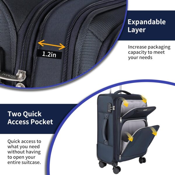3-Piece Softside Expandable Luggage Set with Front Open Pocket, Lightweight and Durable Oxford Fabric Suitcase Set with TSA Lock (Blue, 20in/24in/28in) - Image 4
