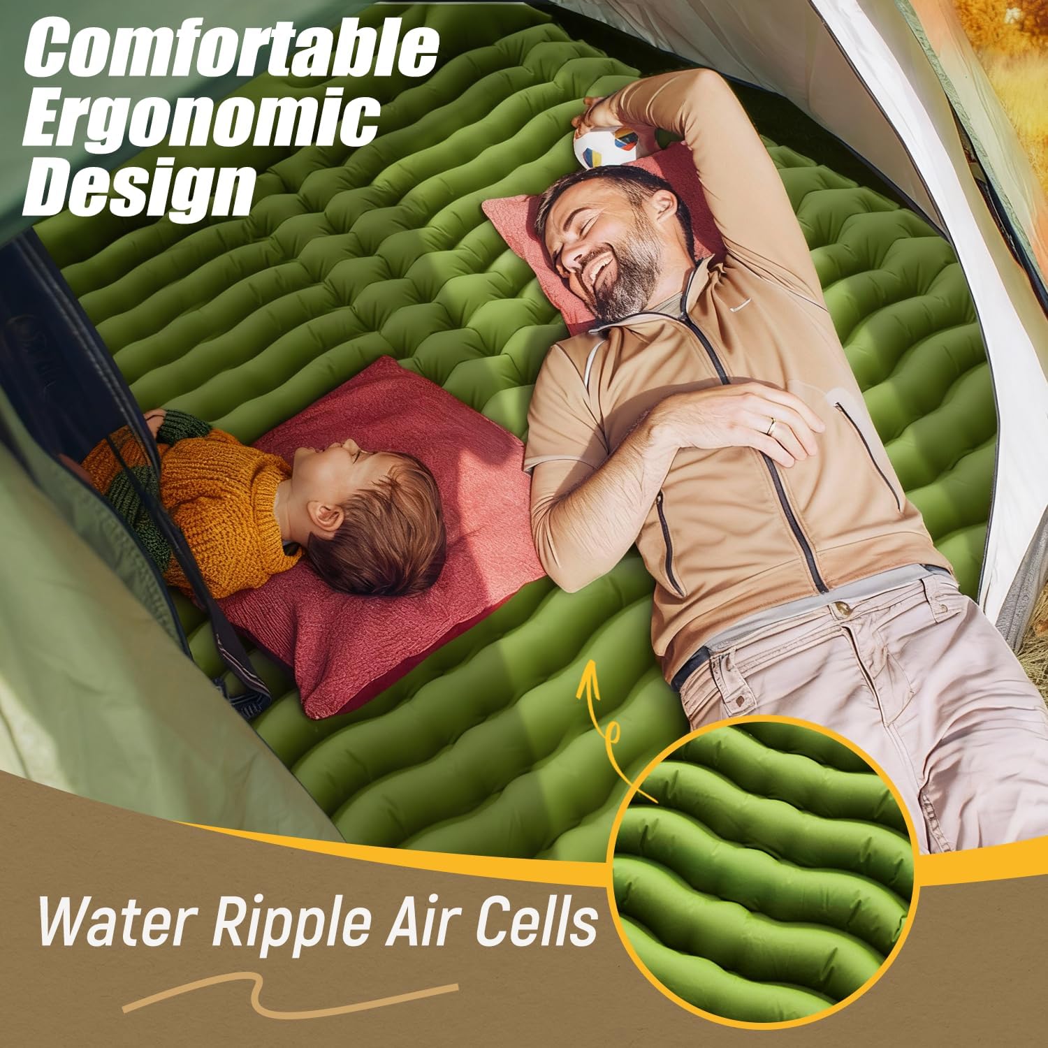 Double Sleeping Pad - Self Inflating 4" Extra-Thick for 2 Person with Pillow Built-in Foot Pump Inflatable Sleeping Mat for Backpacking, Hiking, Traveling, Tent, Portable Camping Mat - Image 6