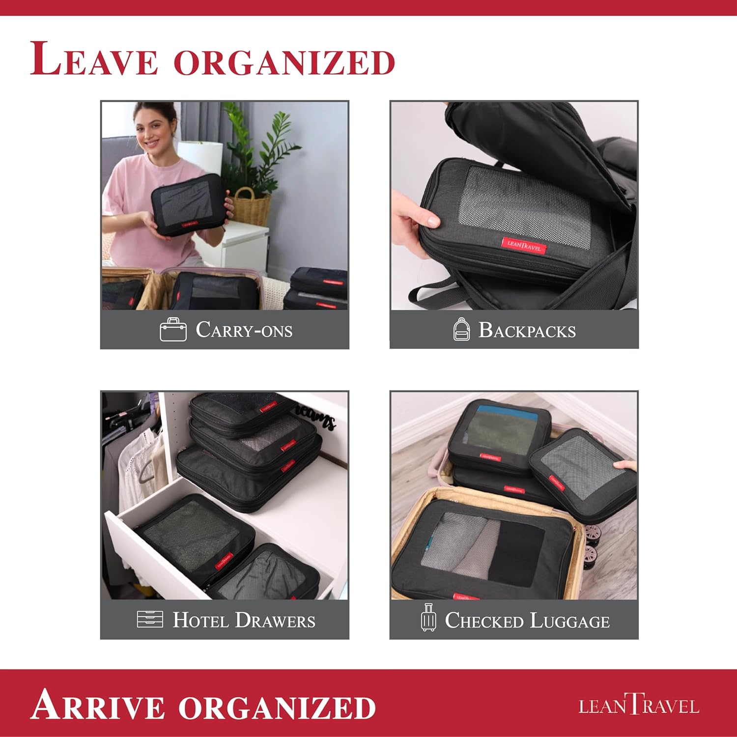 LeanTravel Compression Packing Cubes for Travel Organizers with Double Zipper (6-Pack (2L+2M+2S), Black) - Image 8