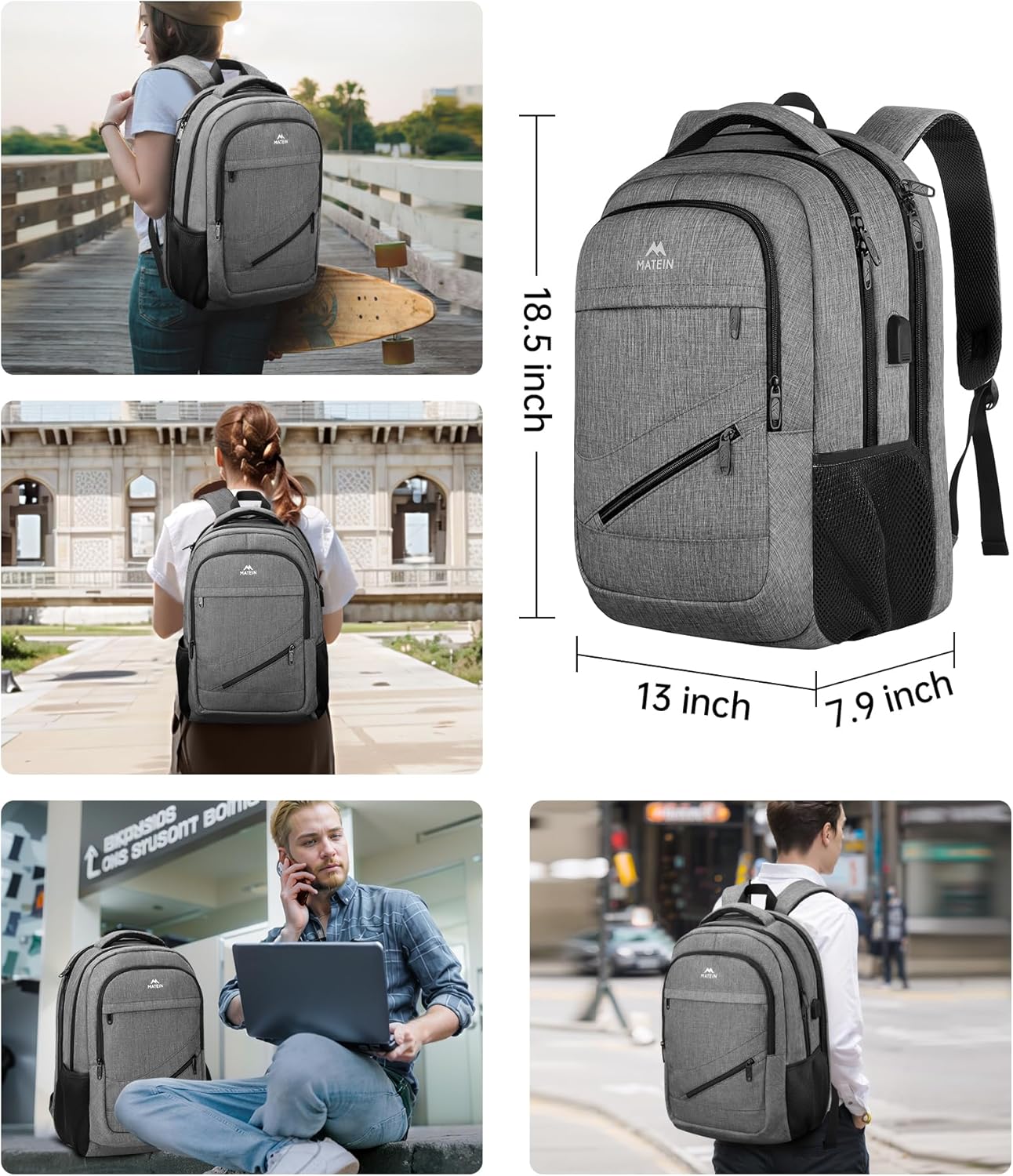 MATEIN Travel Laptop Backpack, 17 Inch Work TSA Approved Carry on Backpack, Large Computer Business Bag for Men Women with USB Port and Trolley Sleeve, College School Rucksack Book Bag, Grey - Image 6