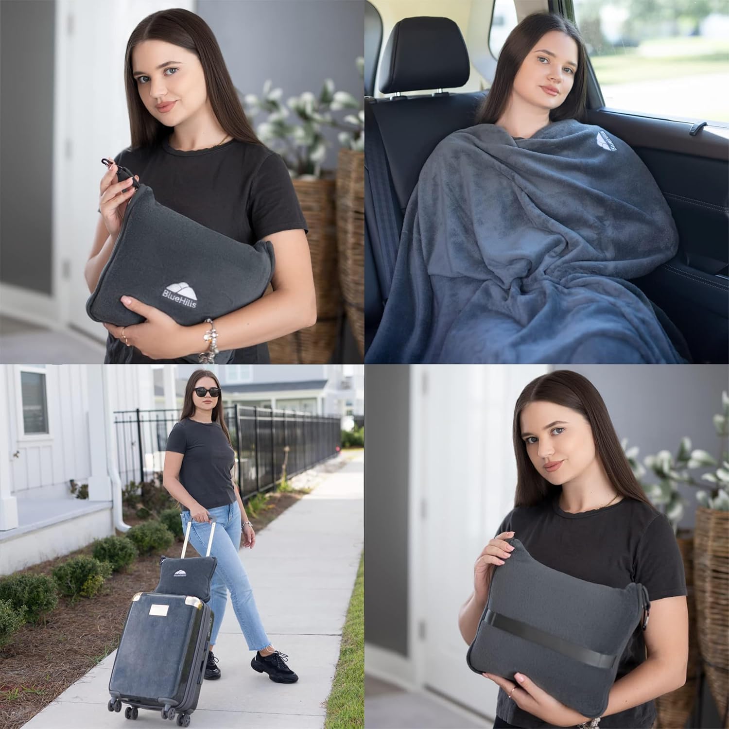 BlueHills Premium Soft Travel Blanket Pillow Airplane Flight Blanket Throw Bag Pillowcase Compact Large 2 in 1 Combo Warm Traveling Plane Essentials Portable Gifts Lightweight Grey Gray T007 - Image 4