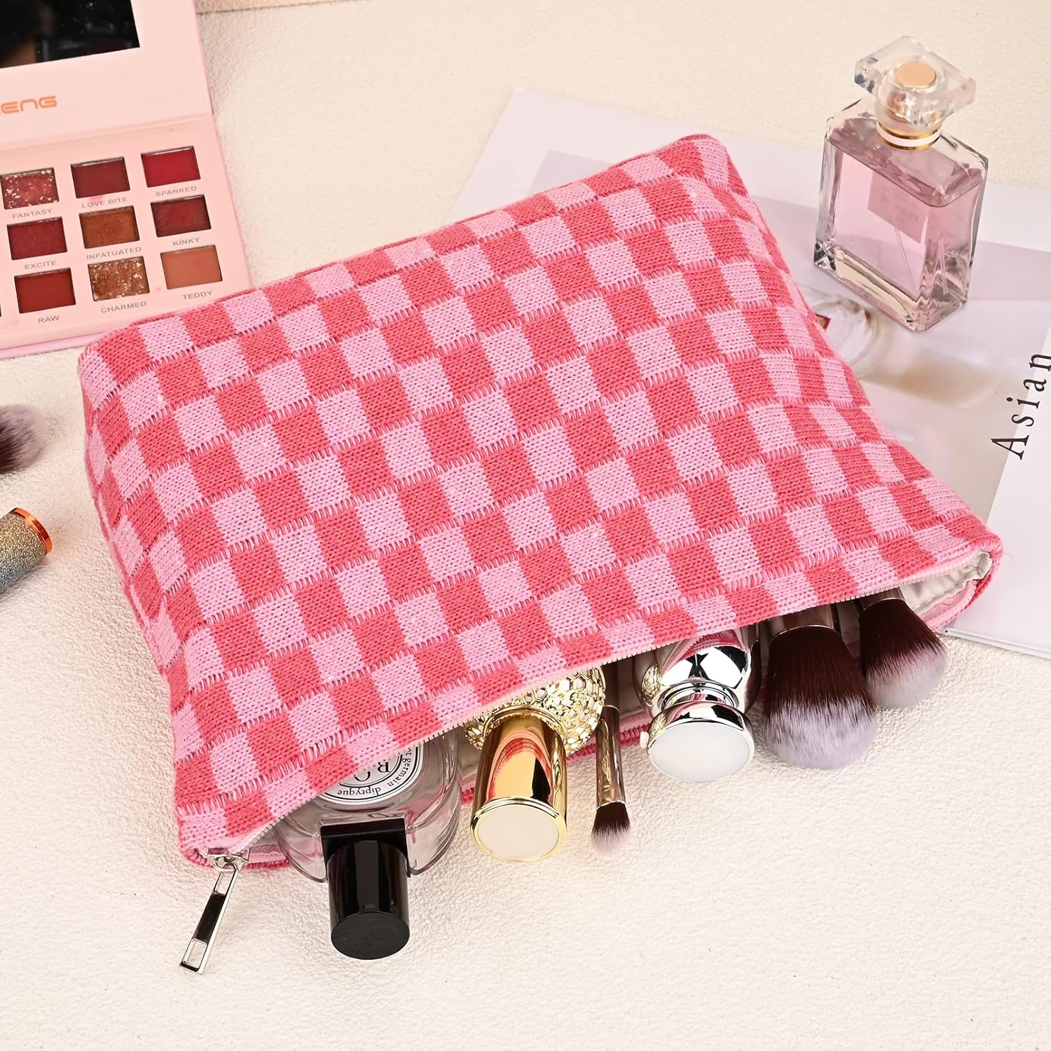 SOIDRAM 2 Pieces Makeup Bag Large Checkered Cosmetic Bag Capacity Canvas Mix Travel Toiletry Bag Organizer Cute Makeup Brushes Aesthetic Accessories Storage Bag for Women, Checkered Mix Rose Red - Image 6