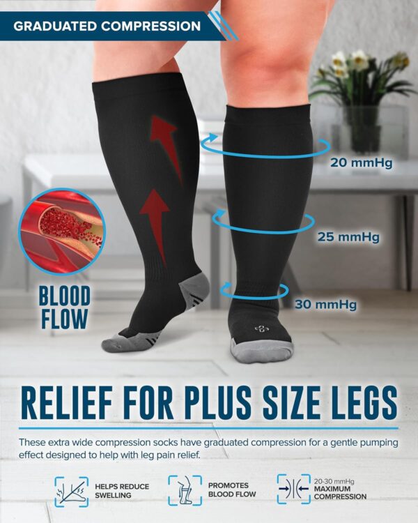 Doctor's Select 3 Pairs Plus Size Compression Socks Wide Calf - Up to 6XL | 20-30 mmHg Extra Wide Calf Compression Socks Women | Black - Image 3