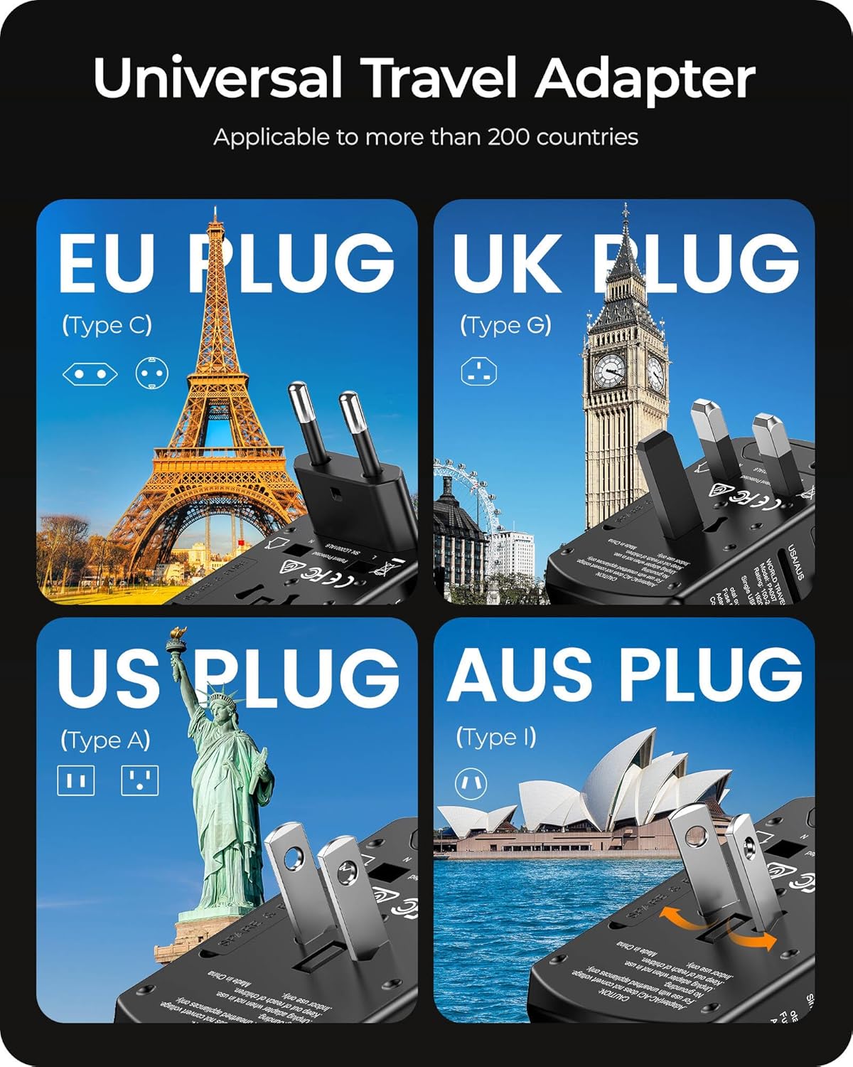 LENCENT Universal Travel Power Adapter, International AC Plug Adaptor with 2 USB C 2 USB A Ports Wall Charger Worldwide Travel Essentials for US to EU UK Ireland Australia (Type C/G/A/I) Black - Image 3