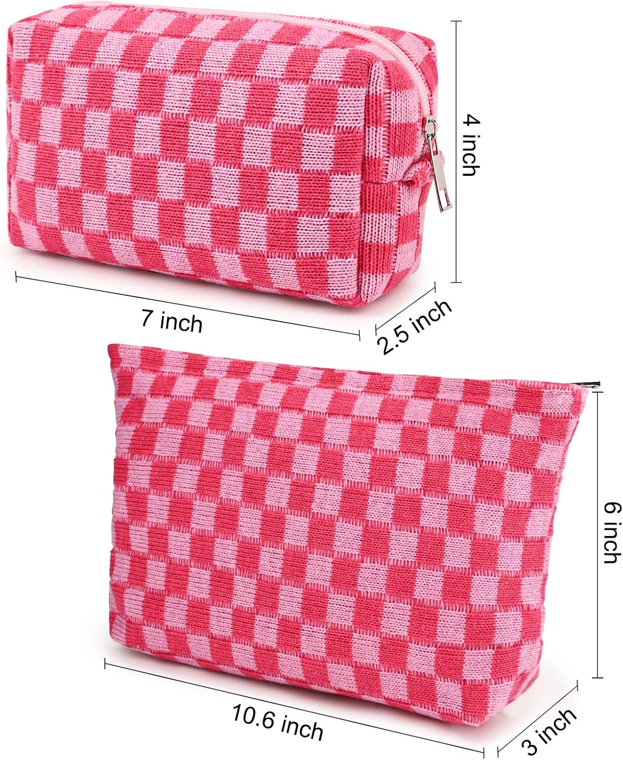 SOIDRAM 2 Pieces Makeup Bag Large Checkered Cosmetic Bag Capacity Canvas Mix Travel Toiletry Bag Organizer Cute Makeup Brushes Aesthetic Accessories Storage Bag for Women, Checkered Mix Rose Red - Image 4
