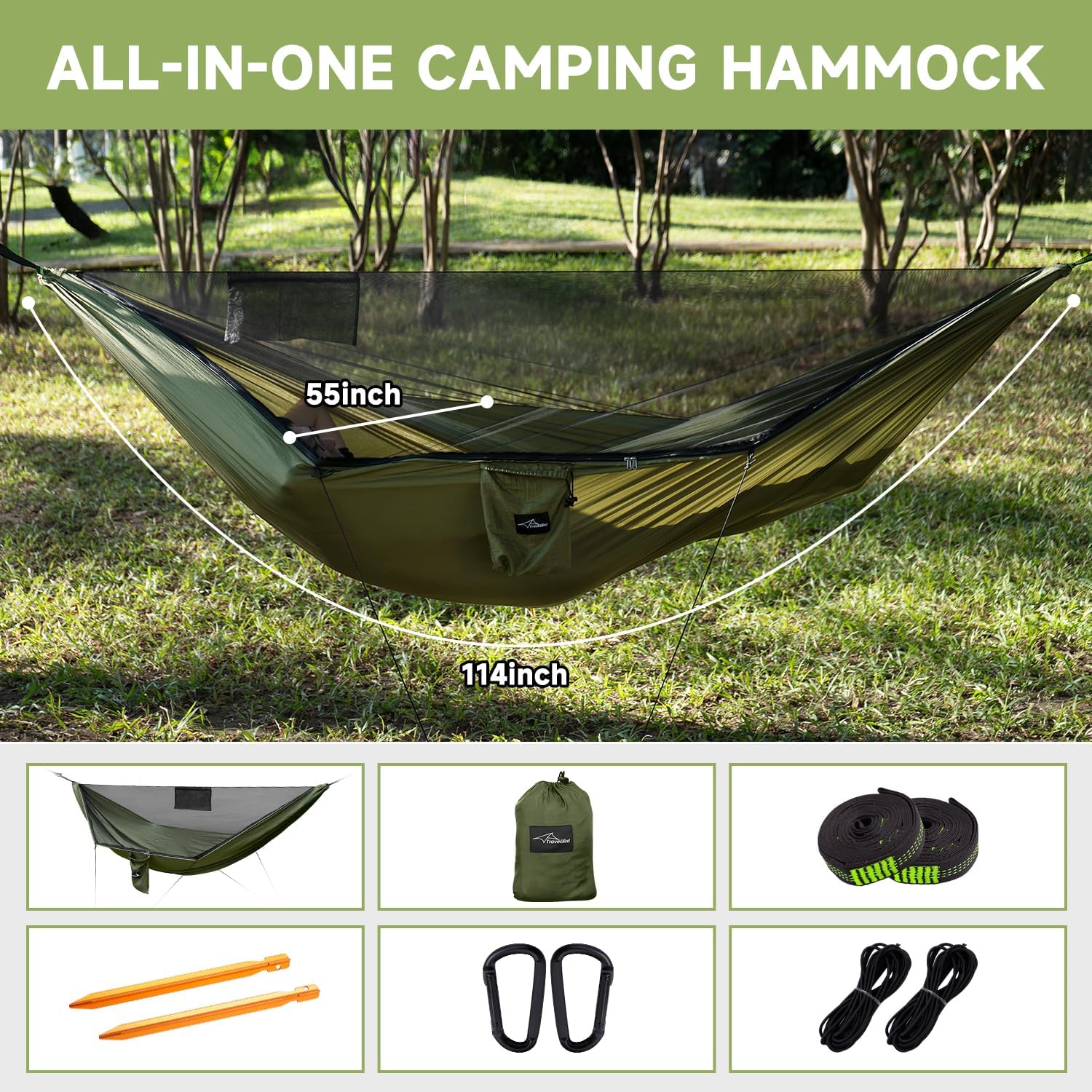 Camping Hammock with Mosquito Net and Ridge Rope, Extra Large for 2 Person, Lightweight Hanging Hammocks Tree Straps, All-in-one Fast Open Hammock for Outside, Hiking, and Travel - Image 10